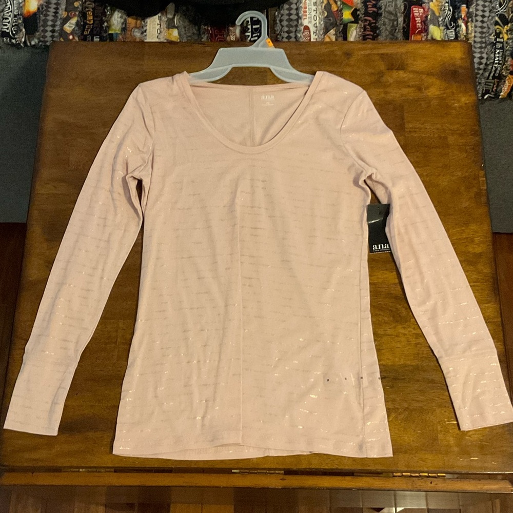 A.N.A, long sleeve tee, rose color with gold glitter streaks, Size: Adult XS